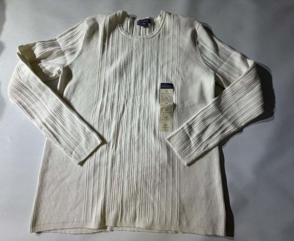 Laura Scott XL White Ribbed Knit Long Sleeve Sweater Top NWT Cozy Minimalist
